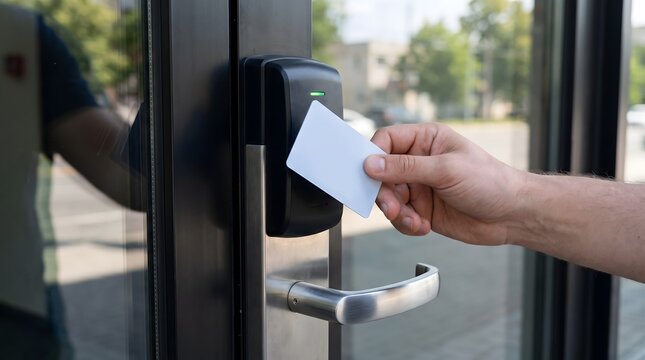 Hand swiping white smart card on modern office door security reader.