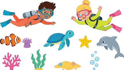 Naklejka premium Scuba Diving Underwater Vector Set with Kid Divers Sea Turtle Dolphin Clownfish Coral and Starfish