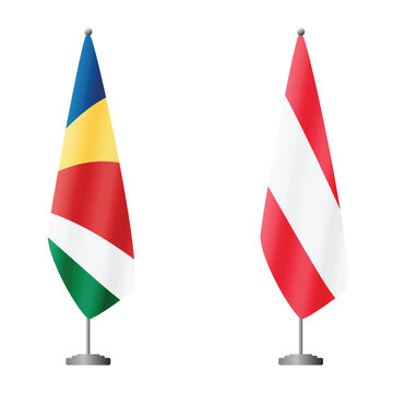 Seychelles and Austria flags on flagpoles for official ceremonies and meetings, transparent background vector