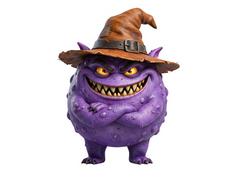 A mischievous purple monster character wearing a tattered brown witch hat, standing with arms crossed, isolated on transparent background