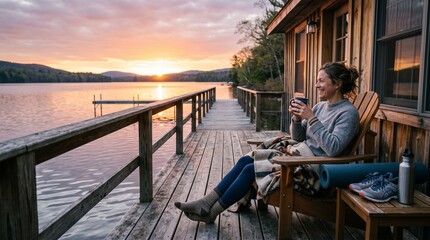 Fototapeta premium Woman enjoys coffee on cabin deck at sunset overlooking a serene lake and mountains