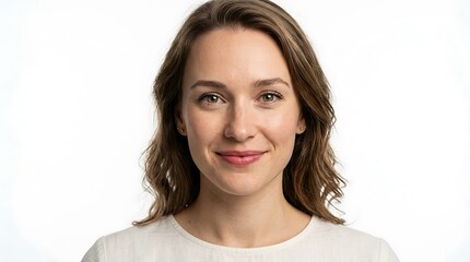 Fototapeta premium Portrait of smiling woman with wavy brown hair, natural makeup, white top, looking at camera on white background.