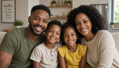 Fototapeta premium Happy black family posing together on a couch in a cozy living room