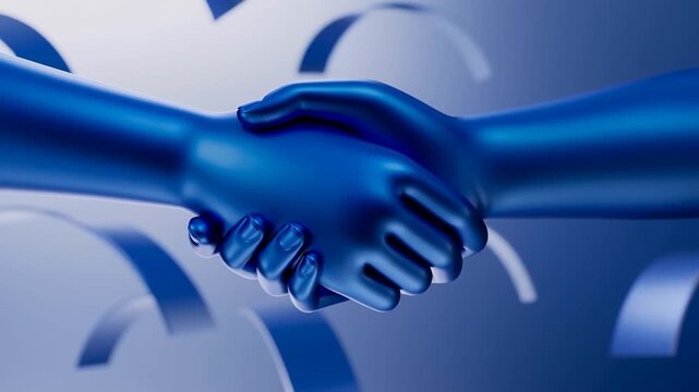 Blue sculptural hands meeting in abstract blue and white setting with fingers aligned