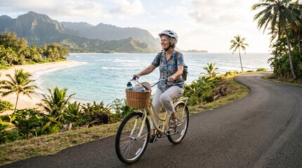 Naklejka premium Elderly Woman Cycling Along Scenic Tropical Coastline with Mountains and Ocean Views