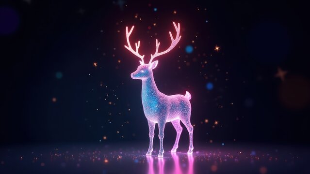 Holographic reindeer silhouette iridescent rainbow chrome, Rudolph character glowing metallic aesthetic, dark background bokeh sparkle contrast 