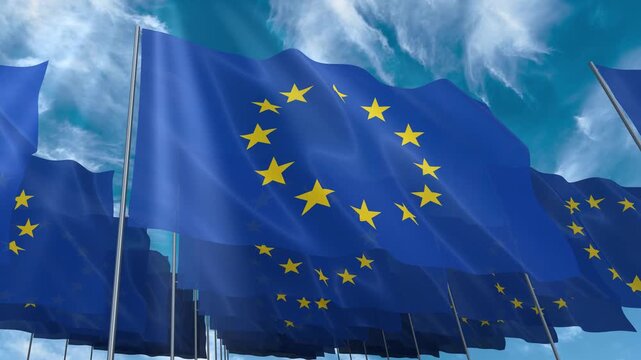 Multiple European Union flags seamless looping waving on blue sky
