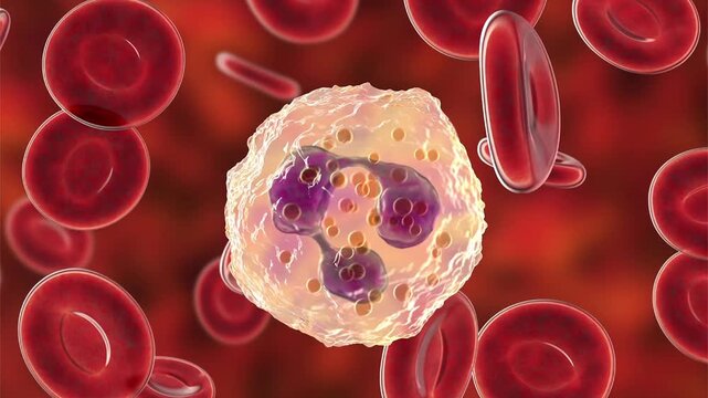 Neutrophil, 3D animation of a mature white blood cell circulating in blood among red blood cells as part of the innate immune response.