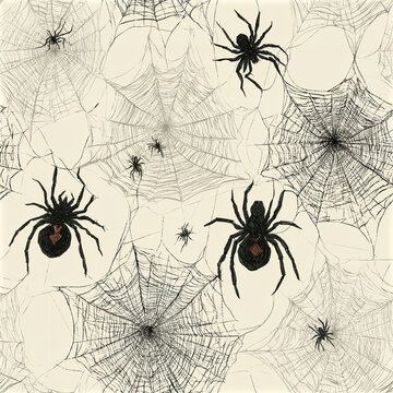Black widow spider pattern with web design on beige background, creepy Halloween decoration with detailed spider illustration