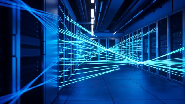 Server racks illuminated by blue digital lines in a dark data center corridor