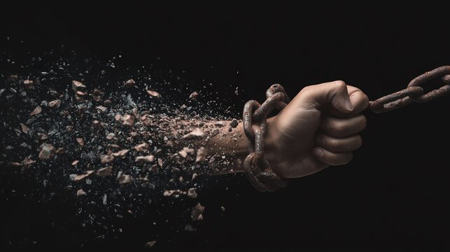 A hand breaking free from chains symbolizing freedom.