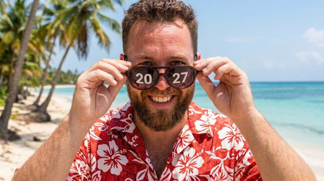 A happy smiling man in sunglasses with the numbers 2027 and a tropical Hawaiian shirt on a sunny beach. Concept for a vacation at a tropical exotic resort.