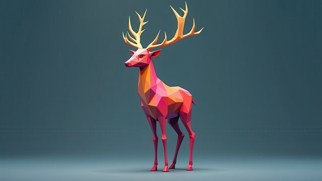 Low poly geometric reindeer character faceted design, triangular shapes colorful modern trendy flat, polygon character style vibrant