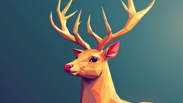 Low poly geometric reindeer character faceted design, triangular shapes colorful modern trendy flat, polygon character style vibrant