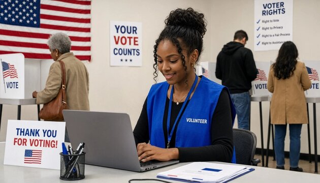 Woman using laptop at a polling place with american flags and voting signs