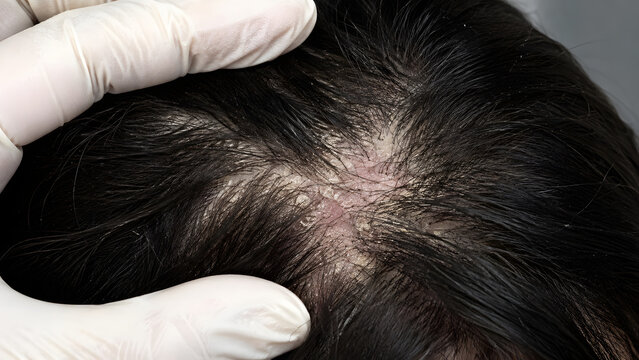 Dermatologist wearing gloves examining a patient's scalp with severe dandruff or psoriasis condition