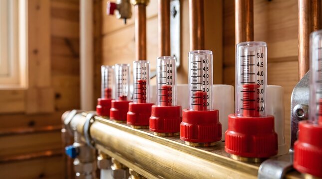 Manifold system with flow meters for central heating distribution.
