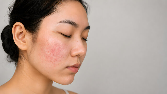 Asian woman face with redness, rosacea, or acne inflammation on her cheek, sensitive skin problem