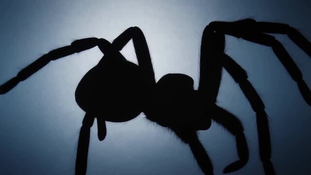 Large spider silhouette against blue backlight with legs spread across surface