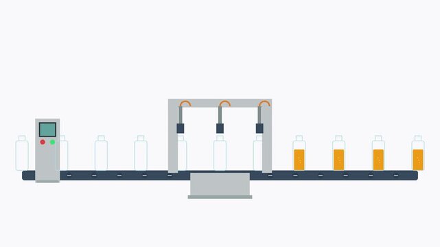 Industrial Bottling Production Line with Conveyor Belt Animation on White Background