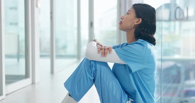 Woman, fatigue and nurse with stress in hospital for bad news or negative patient results. Professional, upset and healthcare worker with burnout for mistake, error or medical fail in clinic.