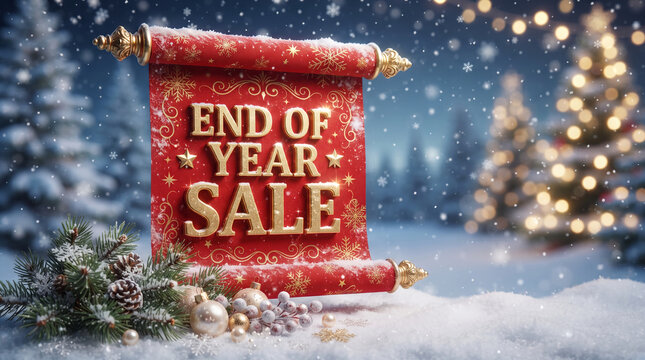 Festive scroll announces an end-of-year sale amidst snowy, festive scene with lights, symbolizing holiday shopping and celebration