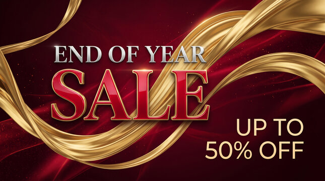 Luxurious red and gold display for end-of-year sale, featuring elegant swirling fabric and a 50% off discount, symbolizing prestige and value.