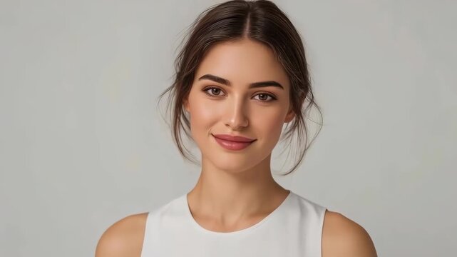 Young Woman Portrait With Calm Smile, Closed Eyes, White Sleeveless Shirt and Natural Makeup