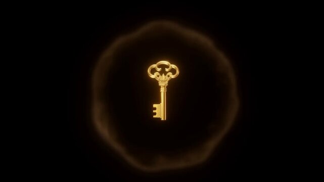 Golden key displayed against black background with glowing ring and ornate design