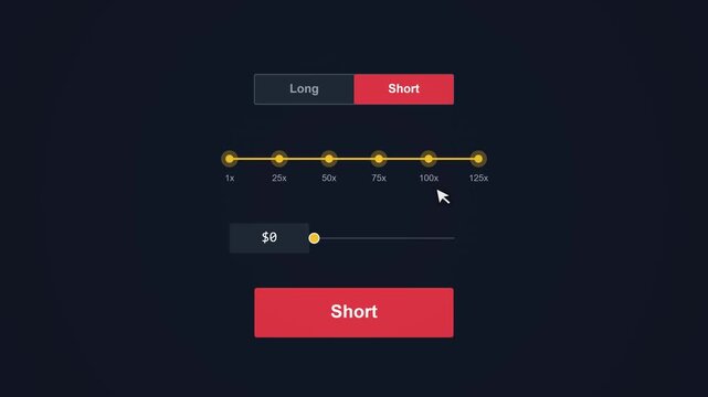 Long and Short Trading Interface Animation with Leverage Slider on Dark Background