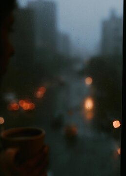 Close-up of a window with a view of a city at night. the window is covered in raindrops, and the view outside is blurred, but it appears to be a cityscape with buildings and lights.