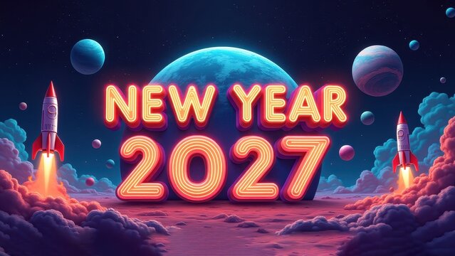 Rockets launching beside neon new year 2027 text, glowing sign in space with planets and clouds, concept of celebration, holiday, party