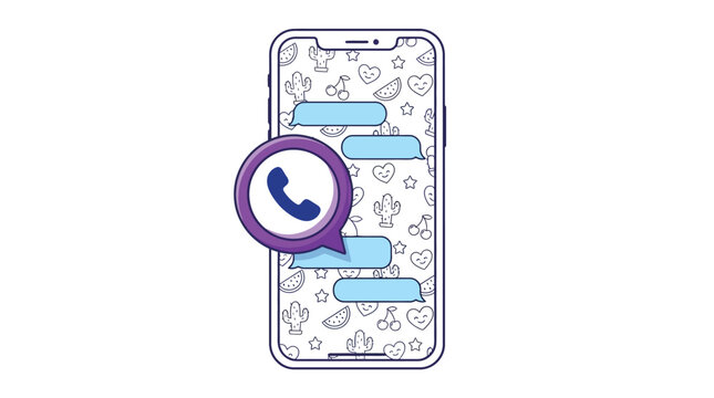 Digital smartphone display showing messaging interface with purple call button icon in flat vector art style