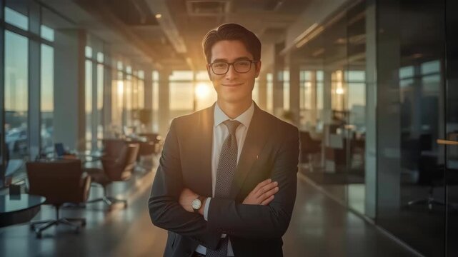 Professional Young Man in Suit in Modern Office, Confident Business Portrait with Folded Arms