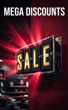Flipboard sign spelling SALE with bright yellow letters and red light rays, symbolizing promotion and discount, in a dark retail setting.