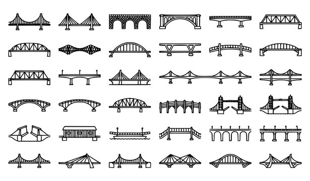 Set of various bridge icons in a hand drawn doodle style representing different types of architectural structures