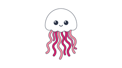 Naklejka premium Cute pink jellyfish cartoon character featuring large expressive eyes and wavy dangling tentacles for kids graphic