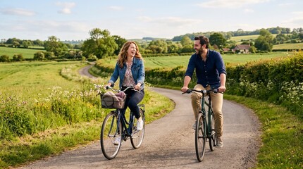 Fototapeta premium Joyful couple cycling through picturesque countryside on a sunny day