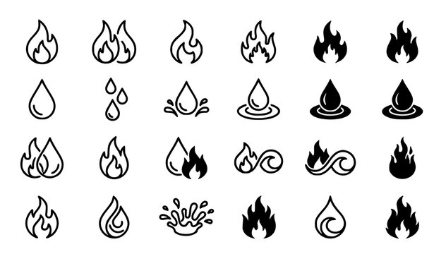 Set of black and white fire flame and water drop icons isolated on a white background