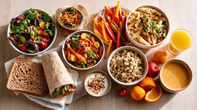 Colorful lunch foods collage on a light wooden surface