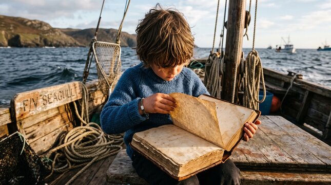 Young boy engrossed in an old book while sailing on a vintage fishing boat at sea