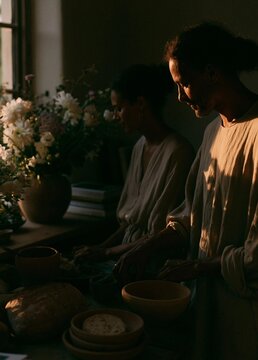 Man and a woman in a kitchen preparing food together. they are both wearing white robes and are standing in front of a window with a vase of white flowers on the windowsill.