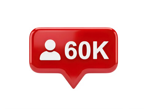 3d social media follower notification icon with 60k text isolated on transparent background