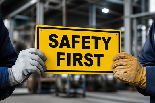 Two people in work attire holding up a bright yellow sign that reads SAFETY FIRST inside an industrial or factory setting.