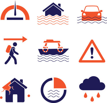Flood Emergency and Disaster Warning Icon Set &ndash; Rescue, Evacuation and Water Damage Vector