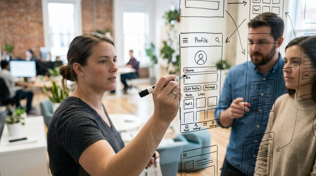 UX Designers Sketching Mobile App Wireframes on Glass Wall