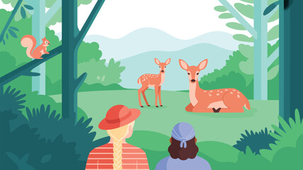 Fototapeta premium People observe a deer family and a squirrel in a peaceful green forest environment