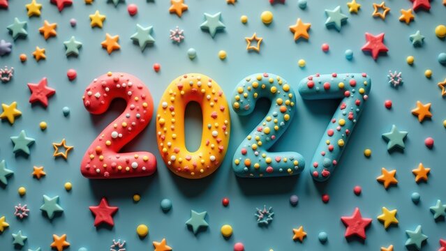 Candy-shaped 2027 numbers decorated with sprinkles, sweet colorful sign surrounded by candy canes, concept of new year, holiday, celebration