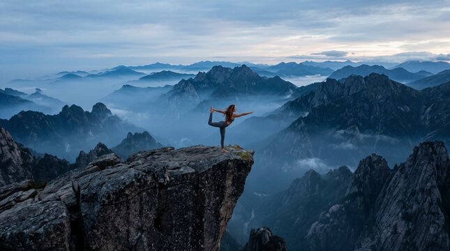 Woman practicing yoga dancer pose on a rocky mountain peak at sunrise with misty valleys below