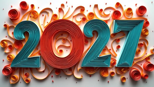 Quilled paper 2027 numbers framed by colorful flowers, handmade craft new year design with rolled roses, concept of new year, greeting card, craft